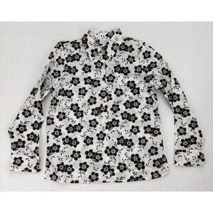 Jaclyn Smith Women's Top Size PM White & Black Floral Print Sheer Long Sleeve